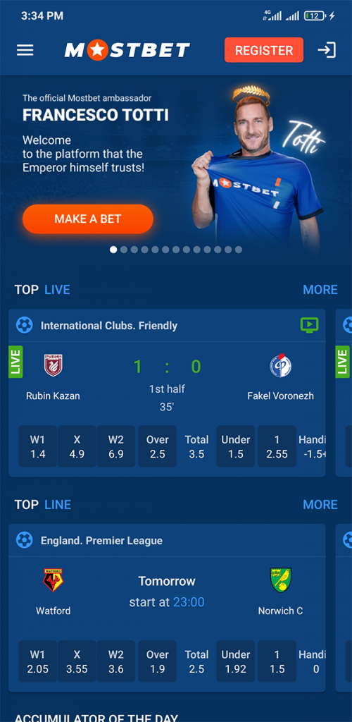Screenshot of the main page of Mostbet application.